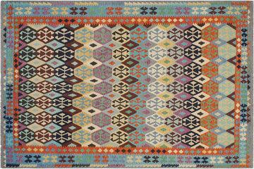 Flat Weave Kilim, Antique, Navaho, Vintage, Handmade, Geometric Kilim Rust Blue Hand-Woven Rectangle 100% Wool Area Rug 8 x 11